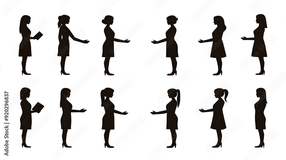 Silhouette illustrations of women in various poses, suggesting interaction and communication. Silhouette illustrations of women in various poses, suggesting interaction and communication.