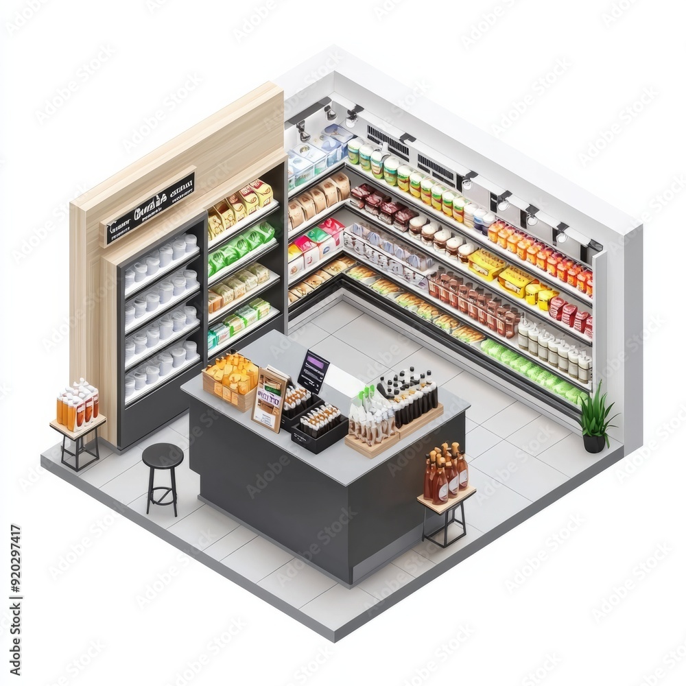 3D Render of a sleek convenience store with shelves of snacks, beverages, and modern fixtures 3D Render of a sleek convenience store with shelves of snacks, beverages, and modern fixtures