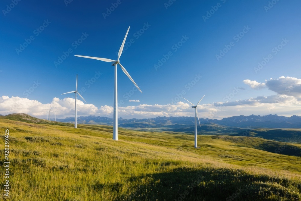Wind turbines gracefully positioned over a restored prairie illustrate the seamless blend of environmental conservation, renewable energy, and natural restoration processes. Wind turbines gracefully positioned over a restored prairie illustrate the seamless blend of environmental conservation, renewable energy, and natural restoration processes.