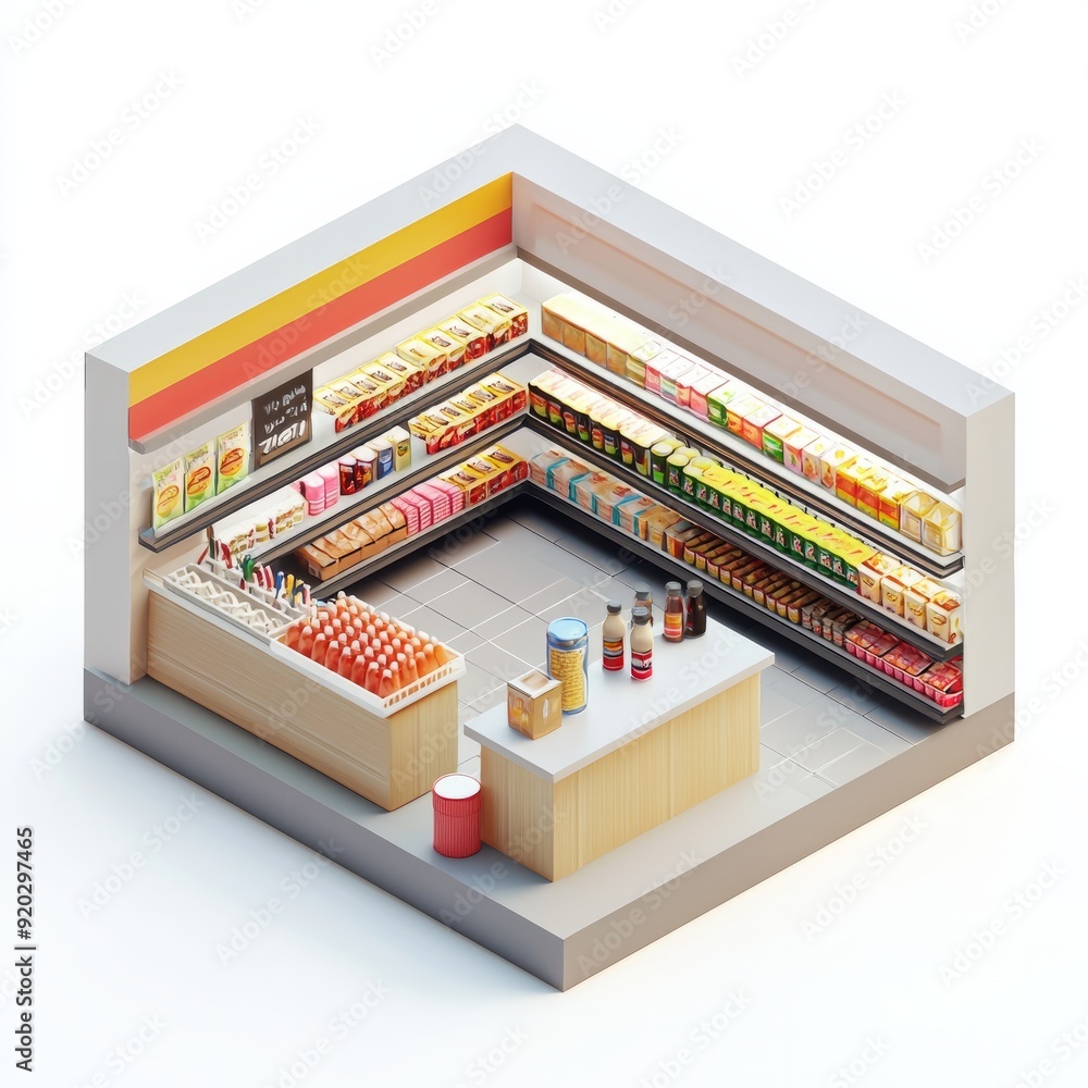 3D Render of a sleek convenience store with shelves of snacks, beverages, and modern fixtures 3D Render of a sleek convenience store with shelves of snacks, beverages, and modern fixtures
