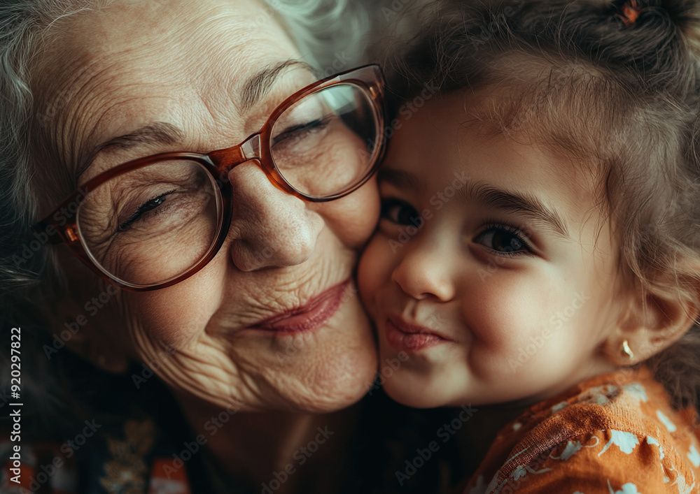 Close-up of smiling senior woman with granddaughter, home background