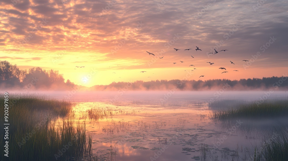 Misty Sunrise Over a Tranquil Lake Misty Sunrise Over a Tranquil Lake