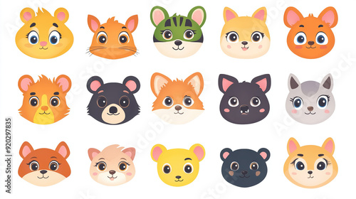 Collection of cute cartoon animal faces on white background