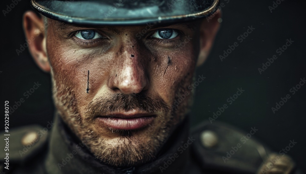 Portrait of a soldier with intense expression and battle scars in a darkened setting Portrait of a soldier with intense expression and battle scars in a darkened setting