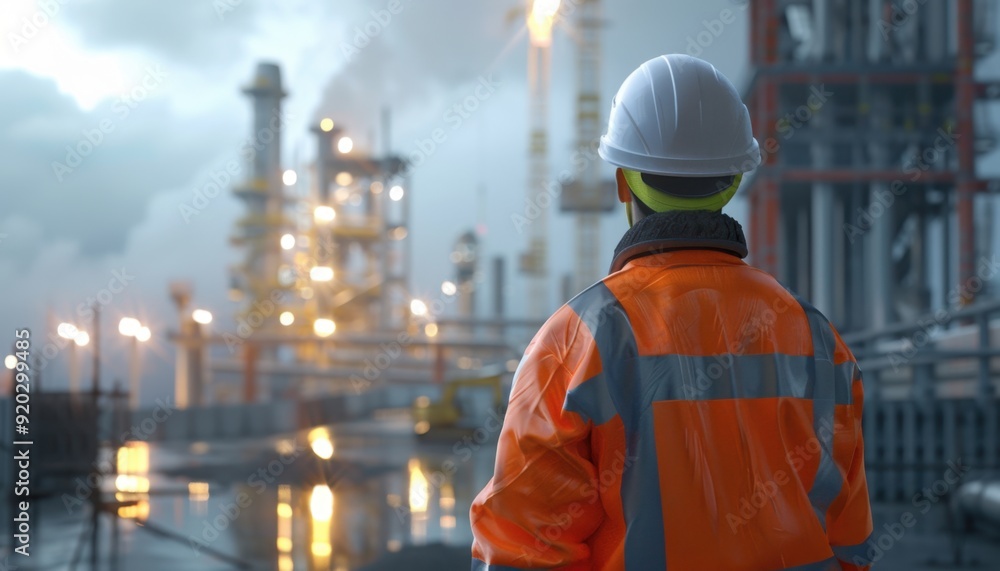 Worker in safety gear observes operations at a refinery during early morning hours Worker in safety gear observes operations at a refinery during early morning hours