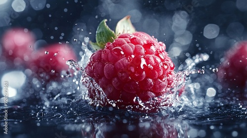 Fresh Raspberry Splashing in Water