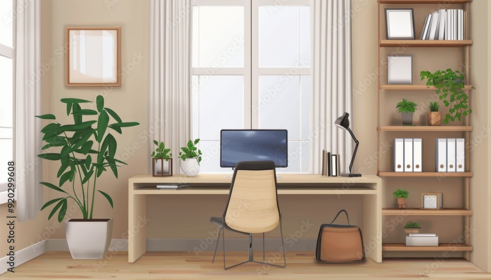 Modern home office interior with plants and natural light during daytime Modern home office interior with plants and natural light during daytime