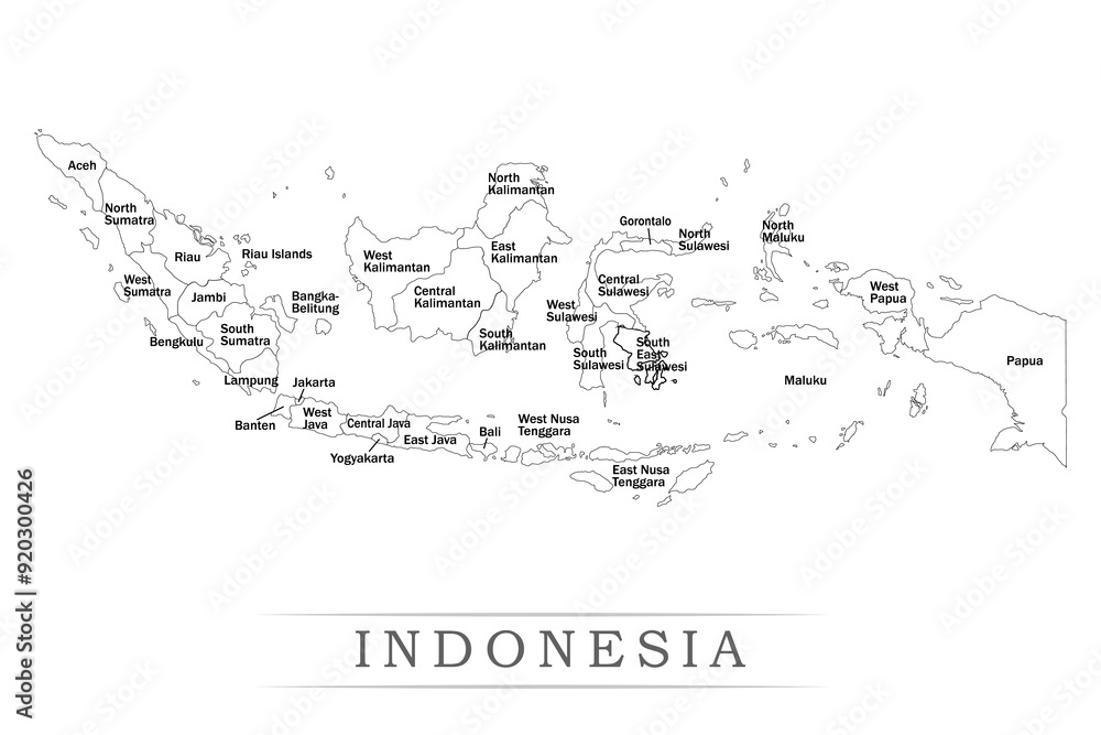Administrative regions of INDONESIA. Province, state, division name with white map with black outline. Vector illustration Administrative regions of INDONESIA. Province, state, division name with white map with black outline. Vector illustration