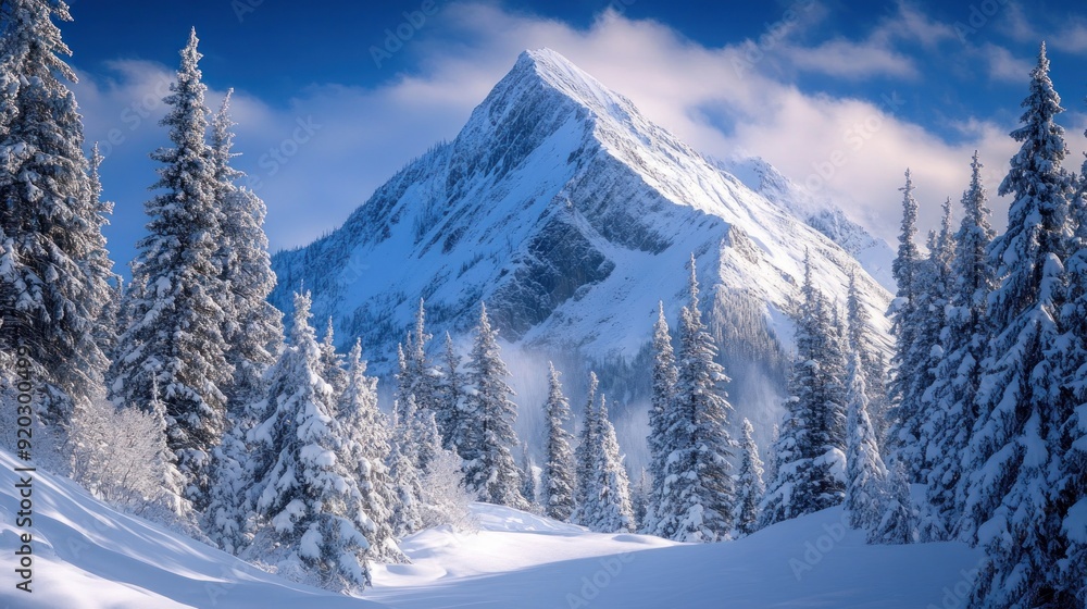 Snowy Mountain Peak with Forest and Blue Sky Snowy Mountain Peak with Forest and Blue Sky