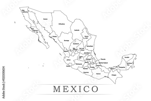 Administrative regions of MEXICO. Province, state, division name with white map with black outline. Vector illustration	