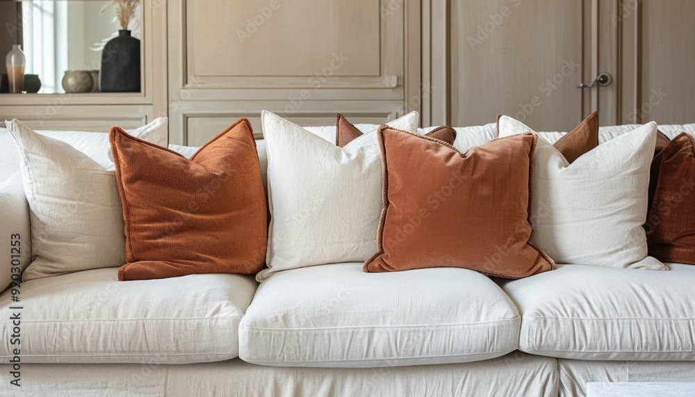 Cozy living room sofa adorned with decorative pillows in warm tones Cozy living room sofa adorned with decorative pillows in warm tones