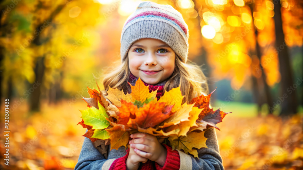Little Girl Holding Autumn Leaves in Forest. Little Girl Holding Autumn Leaves in Forest.