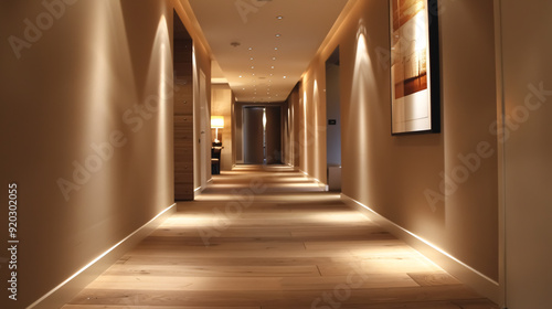 A gallery-style hallway featuring recessed lighting.
