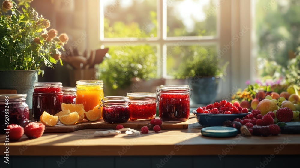 Homemade Raspberry Jam Jars On a Windowsill Homemade Raspberry Jam Jars On a Windowsill