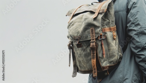 Person wearing a vintage-style backpack in an outdoor setting during overcast weather