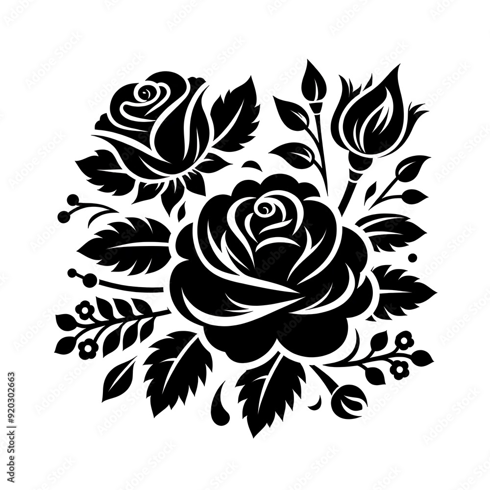 Set of decorative rose with leaves. Flower silhoutte. Vector illustration Set of decorative rose with leaves. Flower silhoutte. Vector illustration