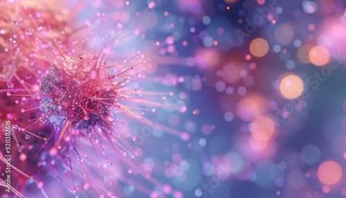 Colorful close-up of a virus against a shimmering background with soft light effects