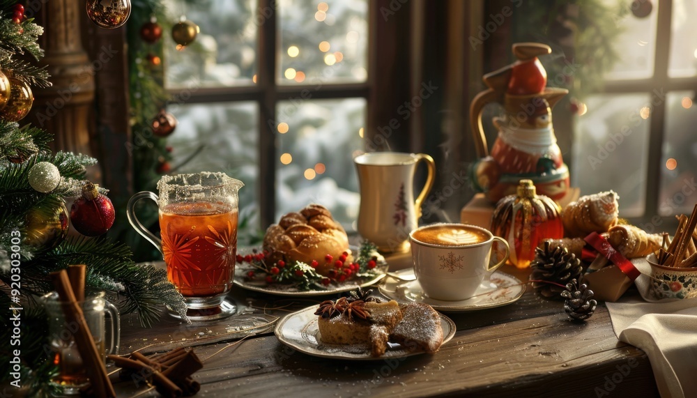 Cozy winter setting with festive treats and warm drinks by the window Cozy winter setting with festive treats and warm drinks by the window