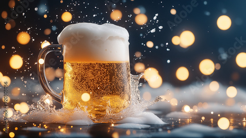 A frothy big mug of beer splashing amidst glowing lights, highlighting refreshment and celebration.  photo