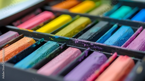 A set of neatly arranged oil pastels in a box on a white surface. The vibrant pastel sticks create a visually appealing display.