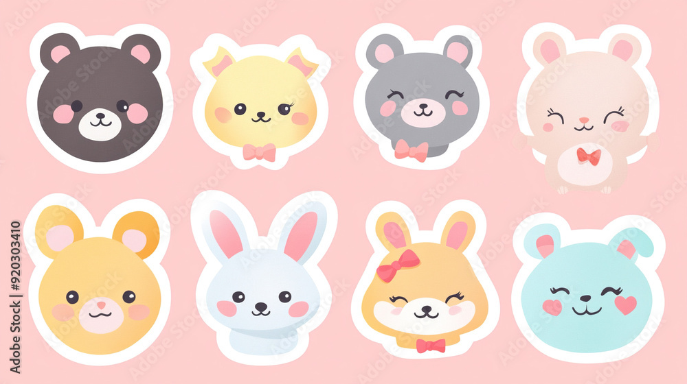 Set of cute animal faces in kawaii style Set of cute animal faces in kawaii style