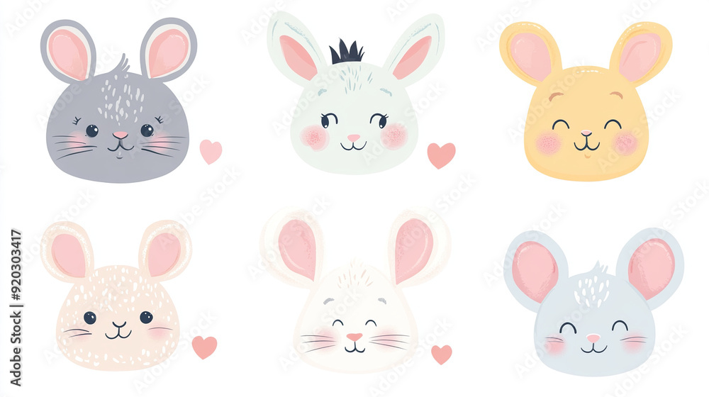 Set of cute animal faces in kawaii style Set of cute animal faces in kawaii style