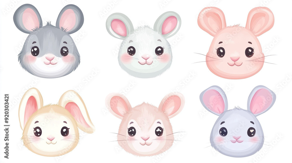 Set of cute animal faces in kawaii style Set of cute animal faces in kawaii style