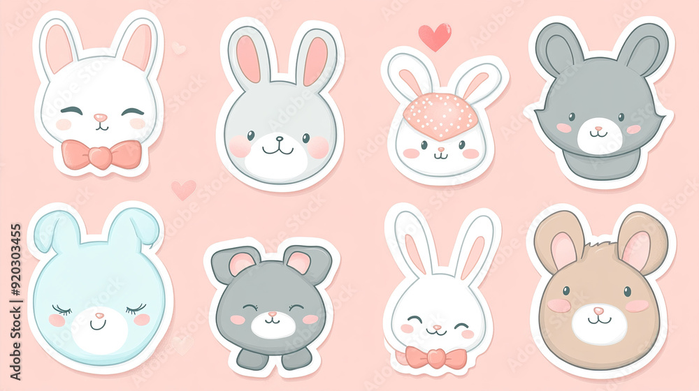 Fototapeta premium Set of cute animal faces in kawaii style