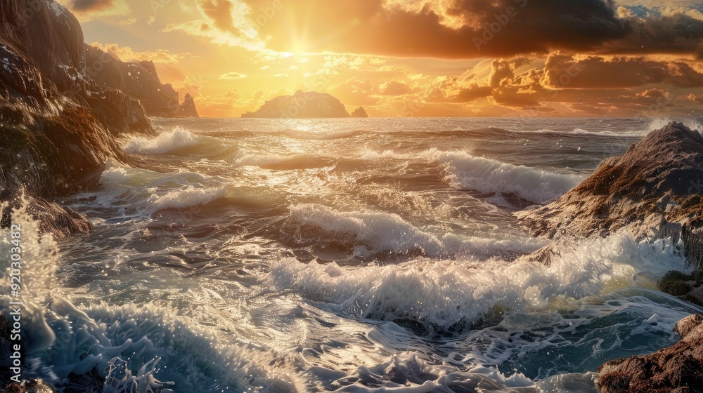 Fototapeta premium Dramatic ocean waves crashing on rocky shore at sunset with cloudy sky.