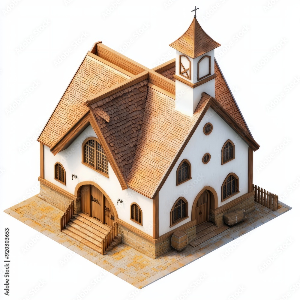 3D Render of a rustic townhall with wooden beams and a cozy, inviting design 3D Render of a rustic townhall with wooden beams and a cozy, inviting design