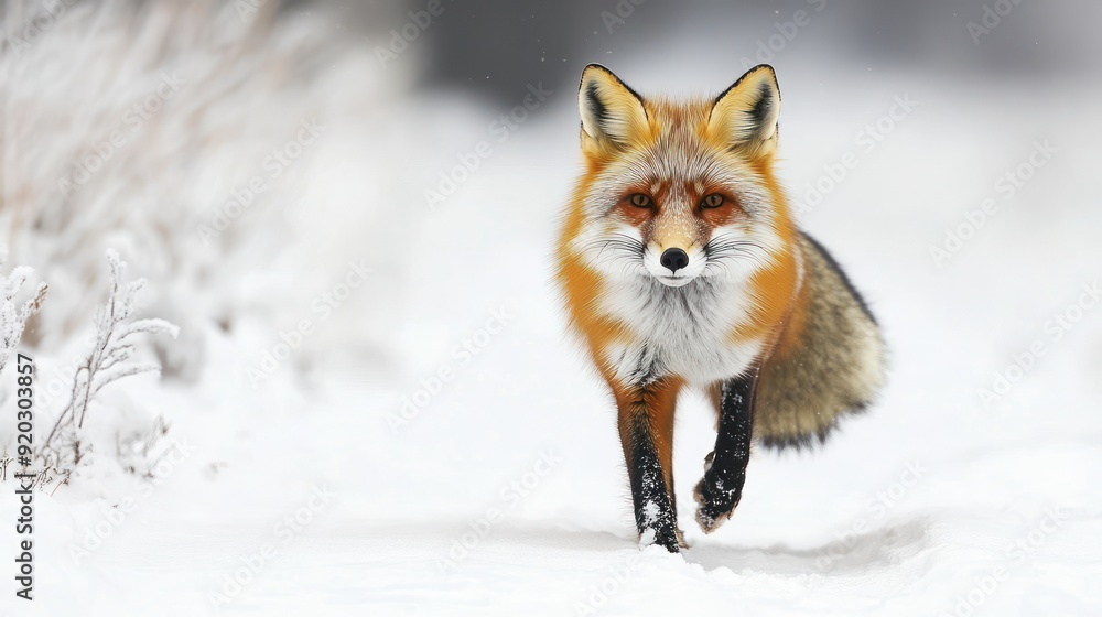 Fototapeta premium Red Fox Walking in a Snowy Forest