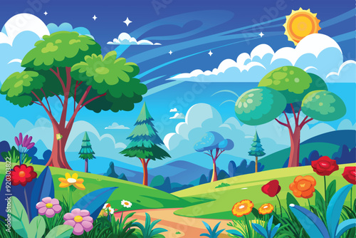 Cartoon vector design illustration of hilly forest scenery with green trees and colorful flowers and mountains with blue sky.