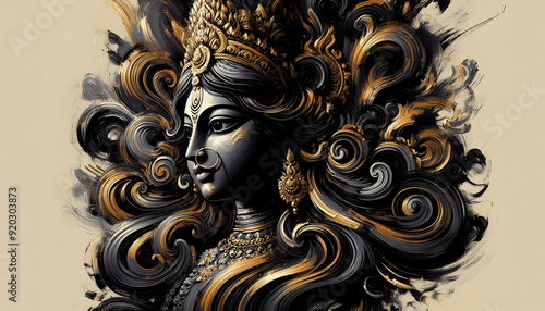 black and golden oil paint brush stroke art of maa Durga photo