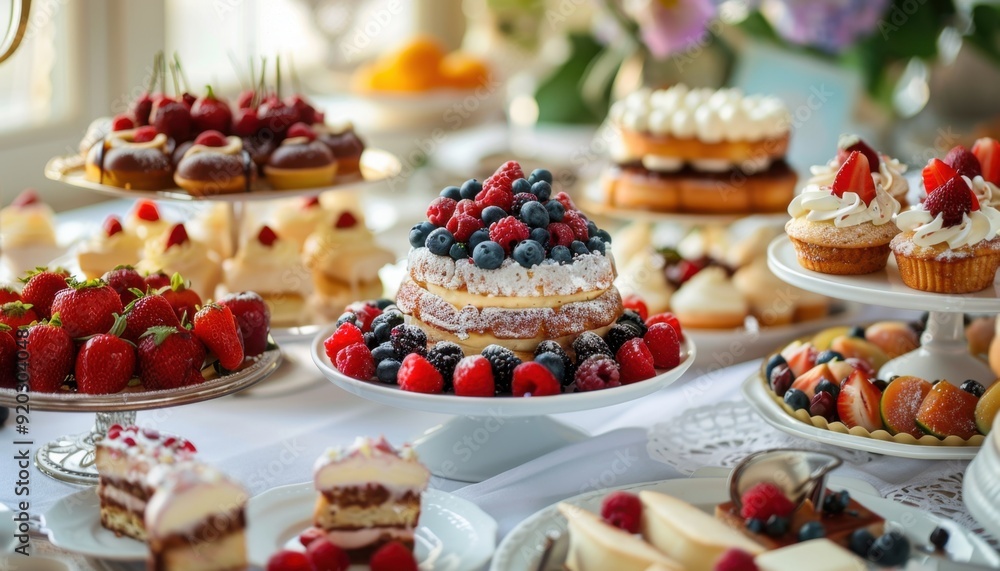 A table of assorted desserts featuring strawberries, cream, and seasonal fruits at a celebration A table of assorted desserts featuring strawberries, cream, and seasonal fruits at a celebration
