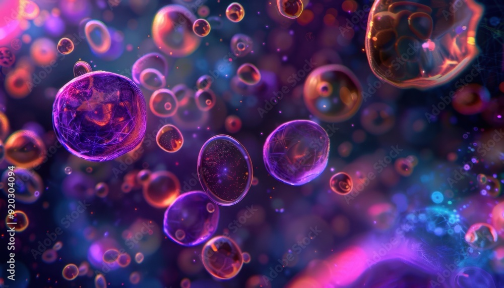 Colorful microscopic view of cells illuminated in a vibrant, abstract digital art style Colorful microscopic view of cells illuminated in a vibrant, abstract digital art style