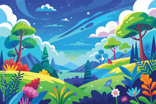 Cartoon vector design illustration of hilly forest scenery with green trees and colorful flowers and mountains with blue sky.