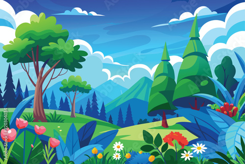 Cartoon vector design illustration of hilly forest scenery with green trees and colorful flowers and mountains with blue sky.