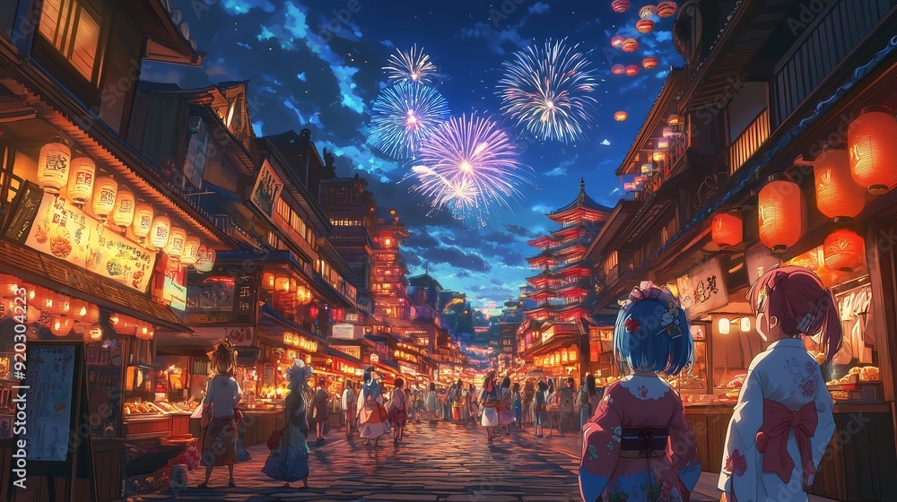 Fototapeta premium Festival Night in an Anime City