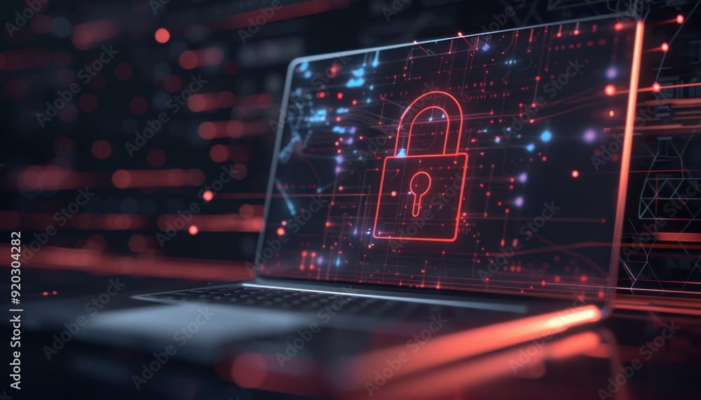 Digital security concept on a laptop screen with a glowing lock symbol at night Digital security concept on a laptop screen with a glowing lock symbol at night