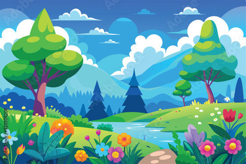 Cartoon vector design illustration of hilly forest scenery with green trees and colorful flowers and mountains with blue sky.