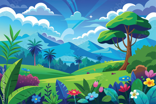 Cartoon vector design illustration of hilly forest scenery with green trees and colorful flowers and mountains with blue sky.