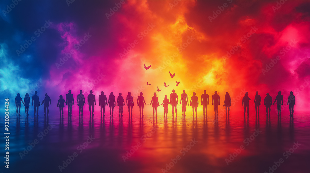 International Day of Peace celebration, diverse group of people holding hands, peaceful expressions, colorful doves flying in the sky International Day of Peace celebration, diverse group of people holding hands, peaceful expressions, colorful doves flying in the sky