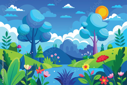 Cartoon vector design illustration of hilly forest scenery with green trees and colorful flowers and mountains with blue sky.