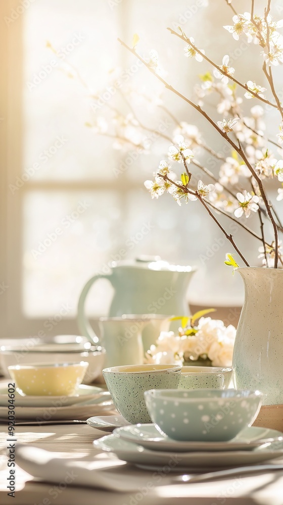 Elegant Table Setting with Pastel Ceramic Dishes and Blossoming Branches Elegant Table Setting with Pastel Ceramic Dishes and Blossoming Branches