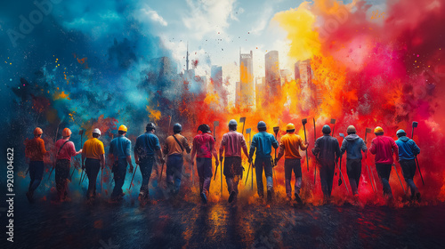 Dynamic celebration of International Workers' Day with diverse workers in colorful attire, holding tools of their trade