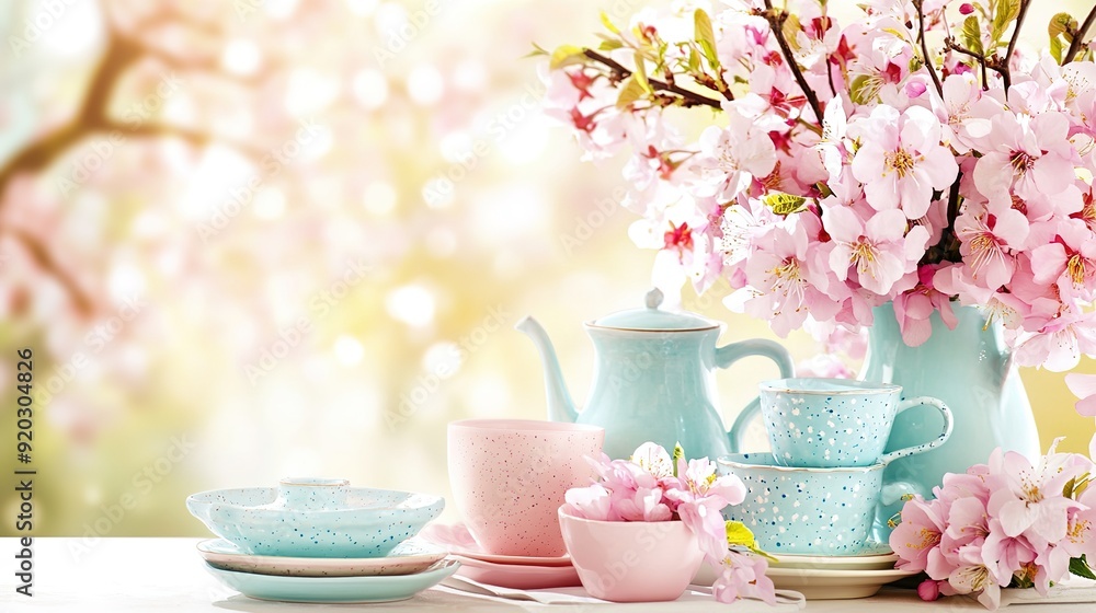 Elegant Table Setting with Pastel Ceramic Dishes and Blossoming Branches Elegant Table Setting with Pastel Ceramic Dishes and Blossoming Branches