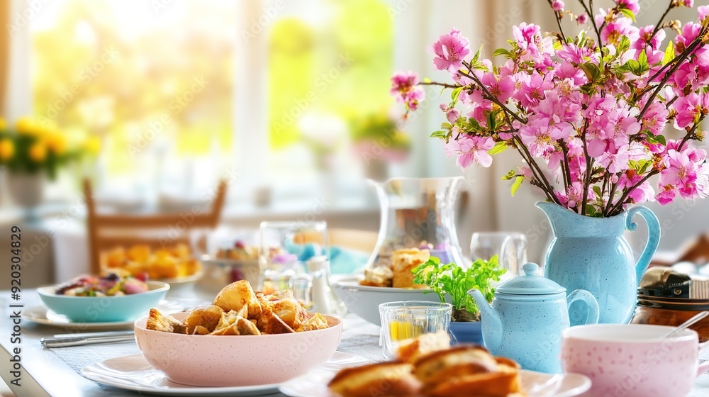Elegant Table Setting with Pastel Ceramic Dishes and Blossoming Branches Elegant Table Setting with Pastel Ceramic Dishes and Blossoming Branches