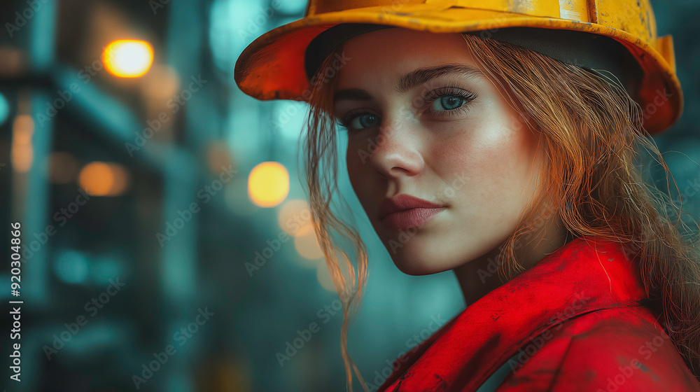 Portrait of a female worker, proud and strong, industrial background, tools in hand, International Workers' Day focus, powerful lighting, detailed textures, sense of empowerment Portrait of a female worker, proud and strong, industrial background, tools in hand, International Workers' Day focus, powerful lighting, detailed textures, sense of empowerment