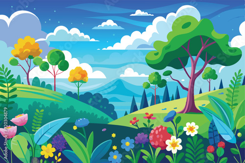 Cartoon vector design illustration of hilly forest scenery with green trees and colorful flowers and mountains with blue sky.