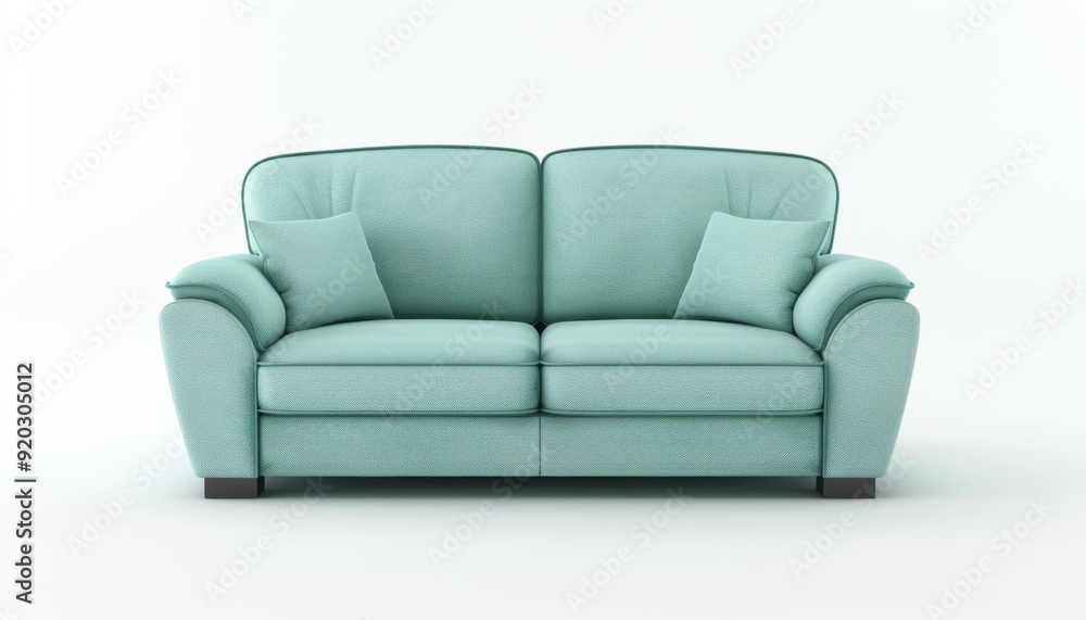 Comfortable mint green sofa with two cushions on a white background Comfortable mint green sofa with two cushions on a white background
